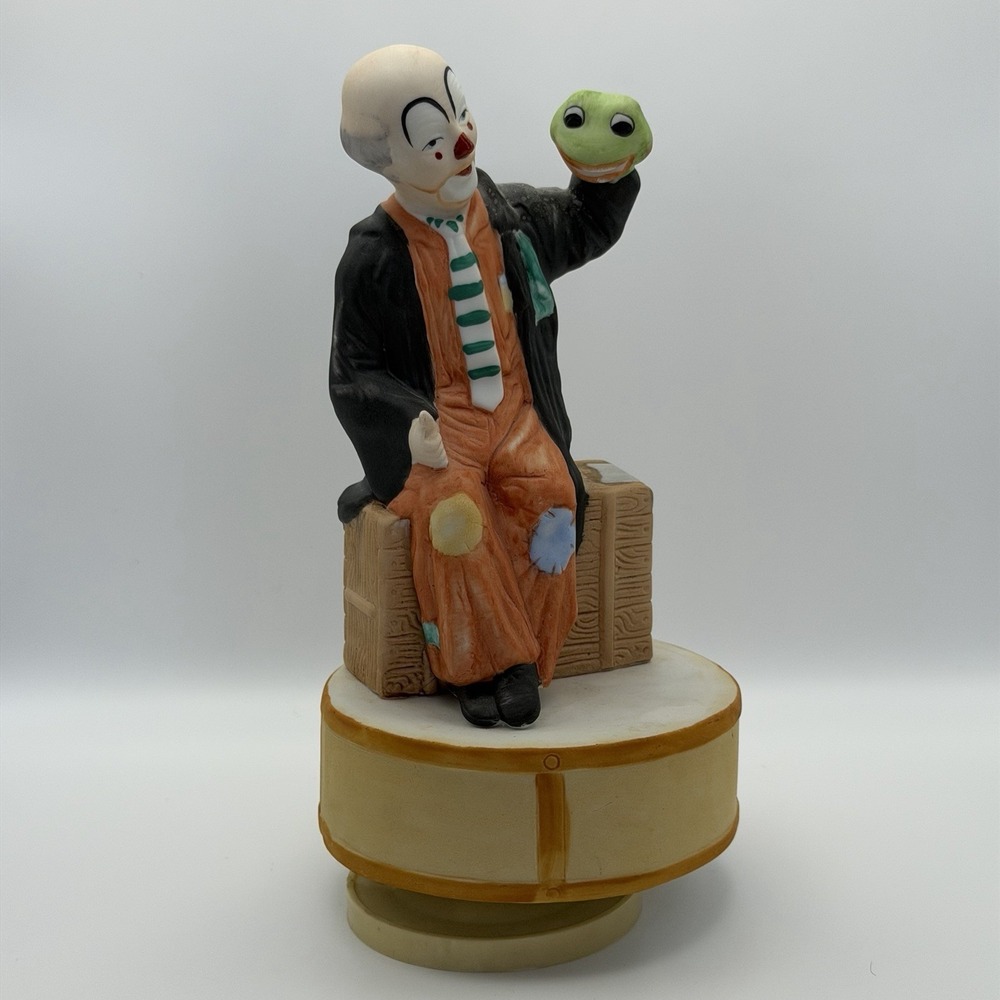 Vintage Clown Music Box Figurine Aldon 1983 Rotating Puppet Toy Figure 8" WORKS